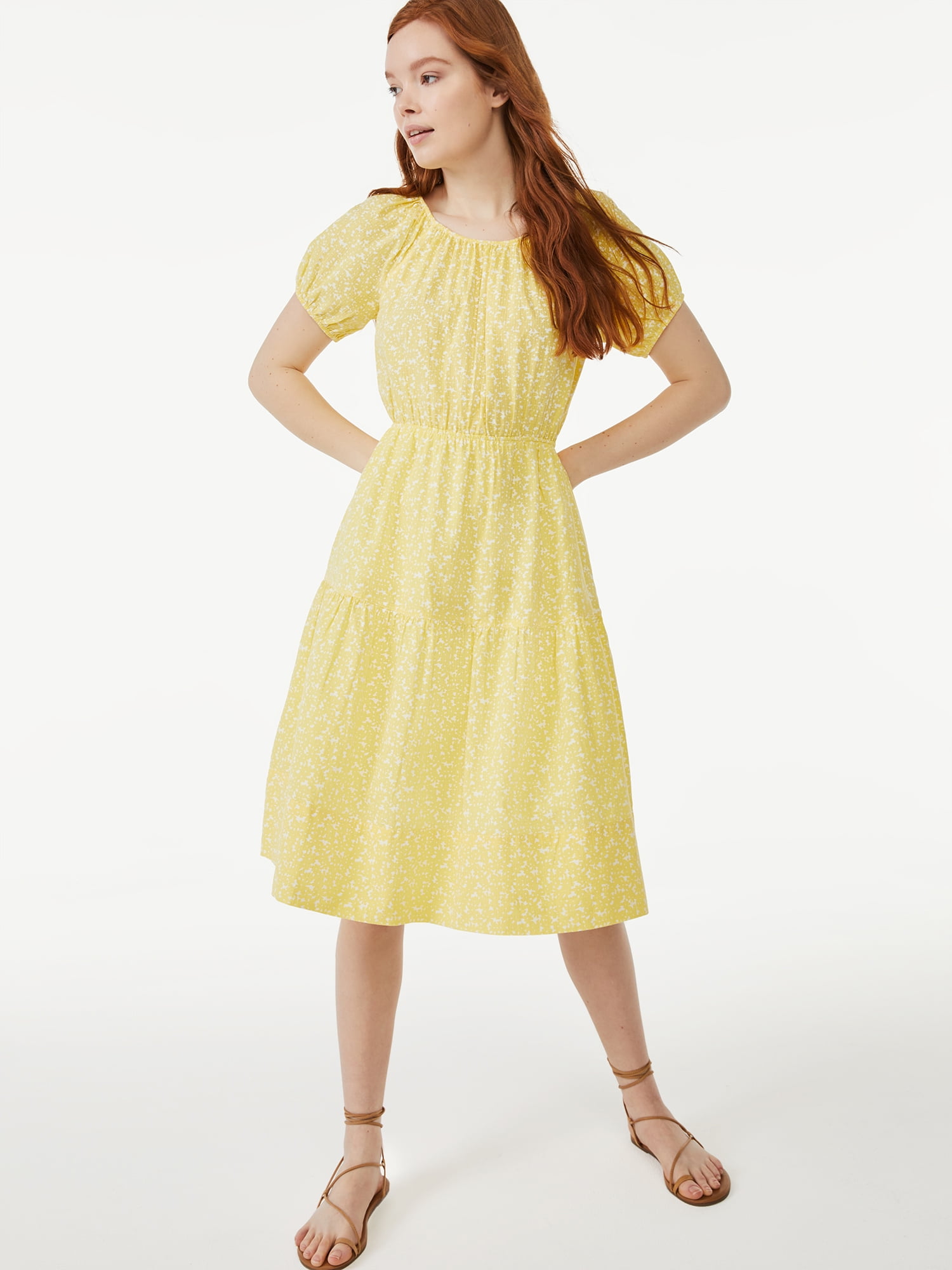 Free Assembly Women s Short Sleeve Peasant Midi Dress Walmart