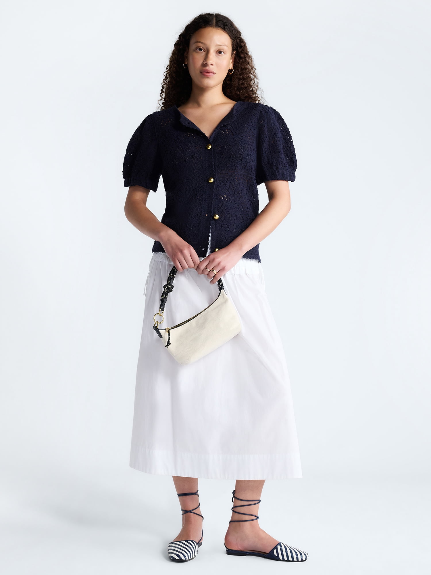 Free Assembly Women's and Women's Plus Pineapple Cardigan Sweater with Short Puff Sleeves, Lightweight, Sizes XS-4X