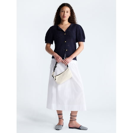 Free Assembly Women's and Women's Plus Pineapple Cardigan Sweater with Short Puff Sleeves, Lightweight, Sizes XS-4X