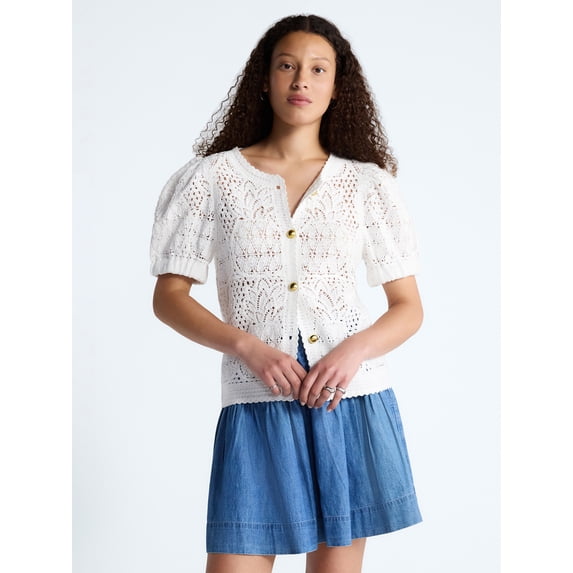 Free Assembly Women's and Women's Plus Pineapple Cardigan Sweater with Short Puff Sleeves, Lightweight, Sizes XS-4X