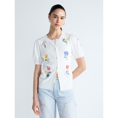 Women's and Women's Plus Embroidered Cardigan Sweater with Puff Sleeves, Lightweight, Sizes XS-4X