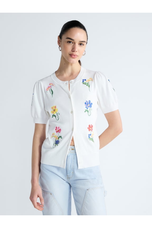 Women's and Women's Plus Embroidered Cardigan Sweater with Puff Sleeves, Lightweight, Sizes XS-4X