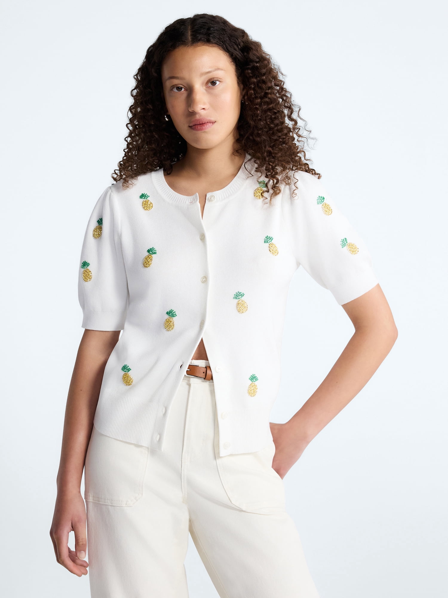 Free Assembly Women's and Women's Plus Beaded Cardigan Sweater with Short Puff Sleeves, Lightweight, Sizes XS-4X