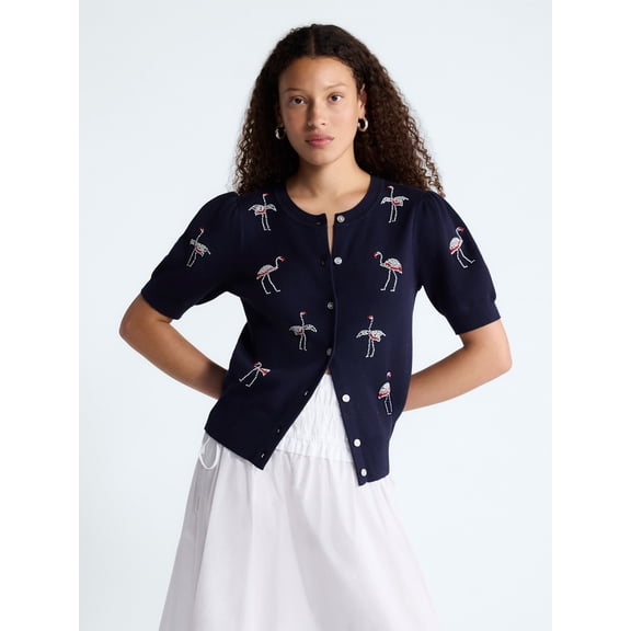 Free Assembly Women's and Women's Plus Beaded Cardigan Sweater with Short Puff Sleeves, Lightweight, Sizes XS-4X