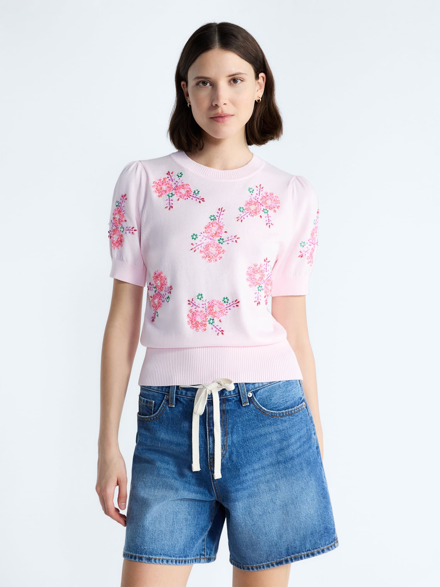 Free Assembly Women's and Women's Plus Beaded Floral Sweater with Puff Sleeves, Lightweight, Sizes XS-4X