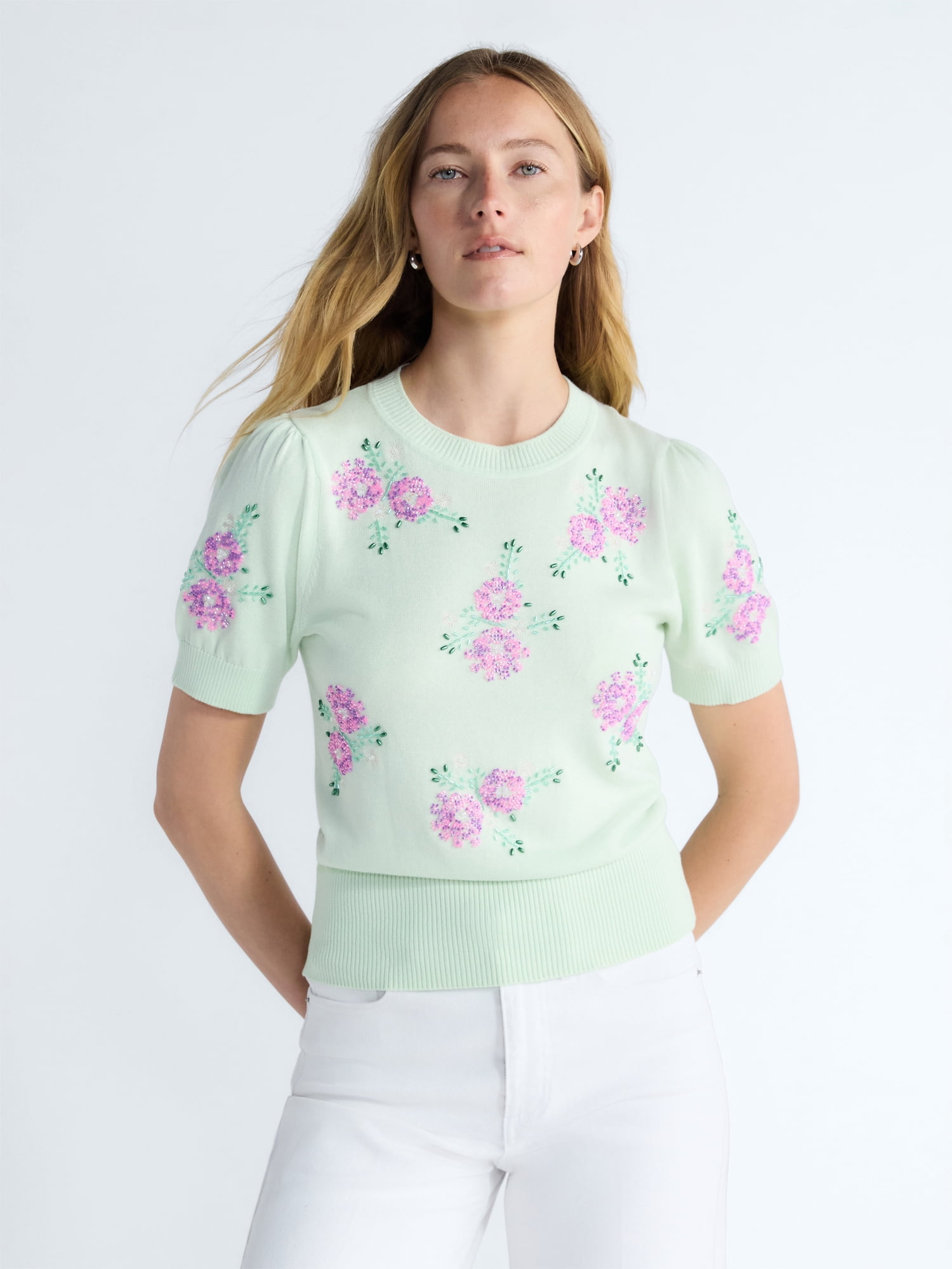 Free Assembly Women's and Women's Plus Beaded Floral Sweater with Puff Sleeves, Lightweight, Sizes XS-4X