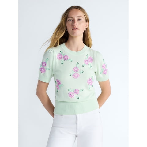 Women's and Women's Plus Beaded Floral Sweater with Puff Sleeves, Lightweight, Sizes XS-4X