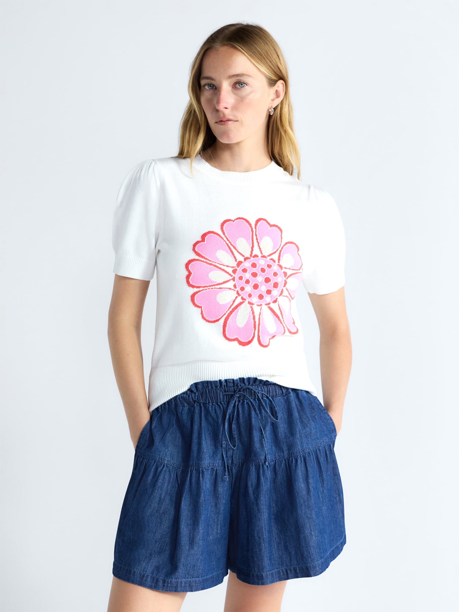 Free Assembly Women's and Women's Plus Floral Sweater with Puff Sleeves, Lightweight, Sizes XS-4X