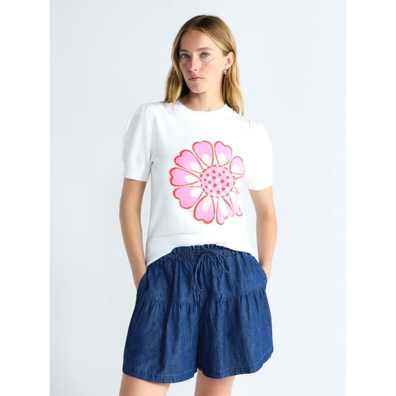 Free Assembly Women's and Women's Plus Floral Sweater with Puff Sleeves, Lightweight, Sizes XS-4X