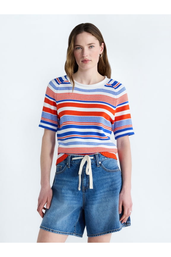Women's and Women's Plus Roll Neck Cotton Sweater with Short Sleeves, Sizes XS-4X