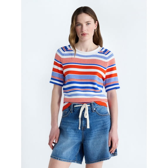 Free Assembly Women's and Women's Plus Roll Neck Cotton Sweater with Short Sleeves, Sizes XS-4X