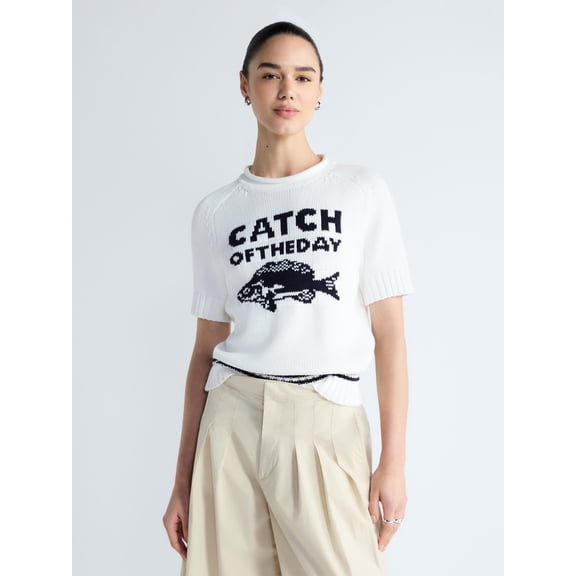 Free Assembly Women's and Women's Plus Roll Neck Cotton Sweater with Short Sleeves, Sizes XS-4X
