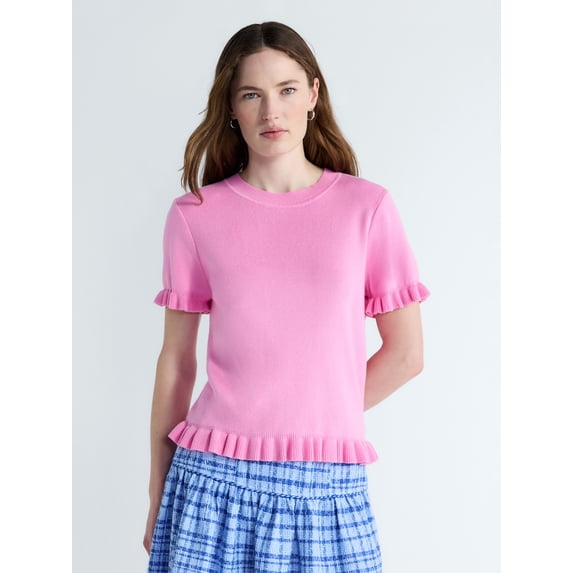 Free Assembly Women’s Ruffle Trim Sweater with Short Sleeves, Lightweight, Sizes XS-XXL