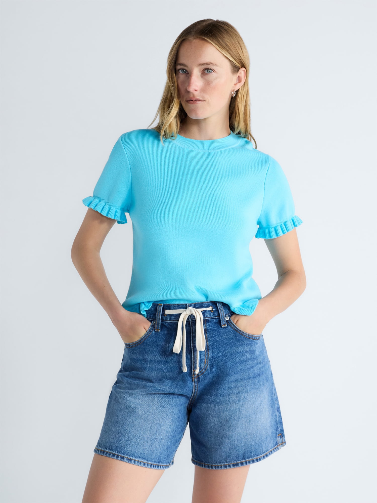 Free Assembly Women's Ruffle Trim Sweater with Short Sleeves