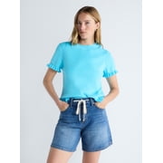 Women’s Ruffle Trim Sweater with Short Sleeves, Lightweight, Sizes XS-XXL