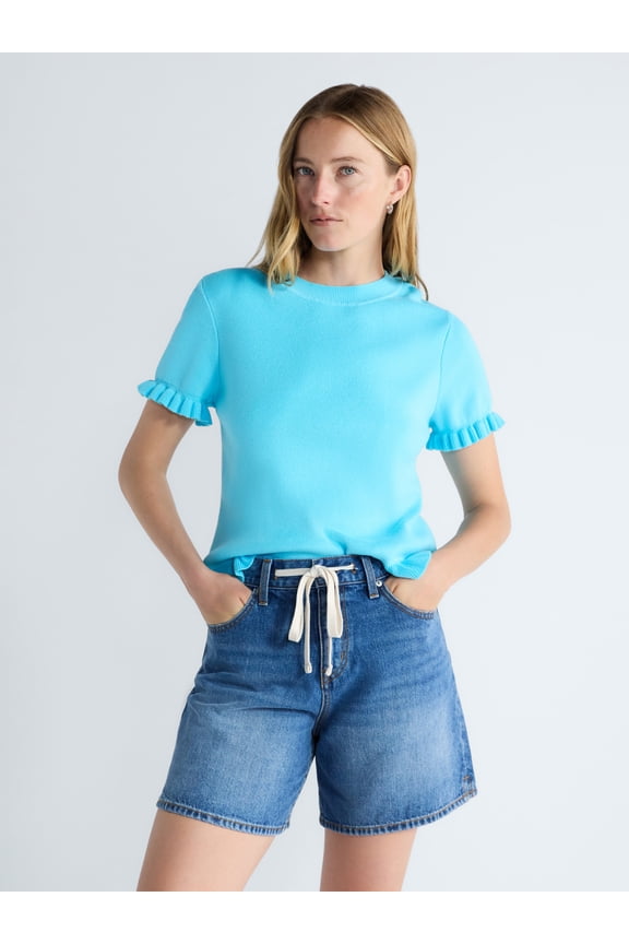Women’s Ruffle Trim Sweater with Short Sleeves, Lightweight, Sizes XS-XXL