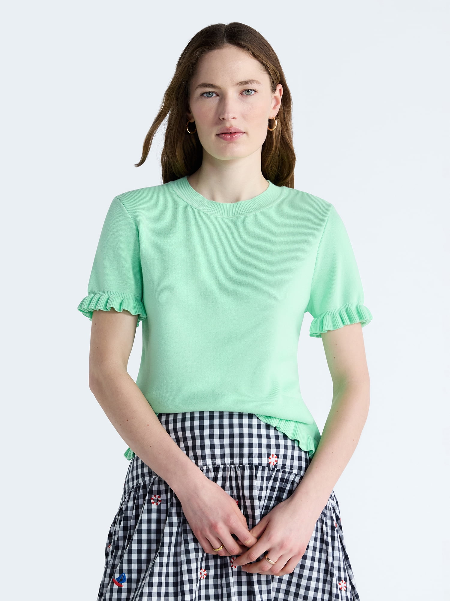 Free Assembly Women’s Ruffle Trim Sweater with Short Sleeves, Lightweight, Sizes XS-XXL
