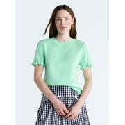 Women’s Ruffle Trim Sweater with Short Sleeves, Lightweight, Sizes XS-XXL