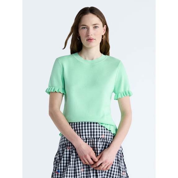 Free Assembly Women’s Ruffle Trim Sweater with Short Sleeves, Lightweight, Sizes XS-XXL
