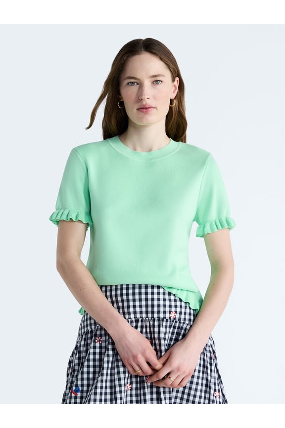 Women’s Ruffle Trim Sweater with Short Sleeves, Lightweight, Sizes XS-XXL