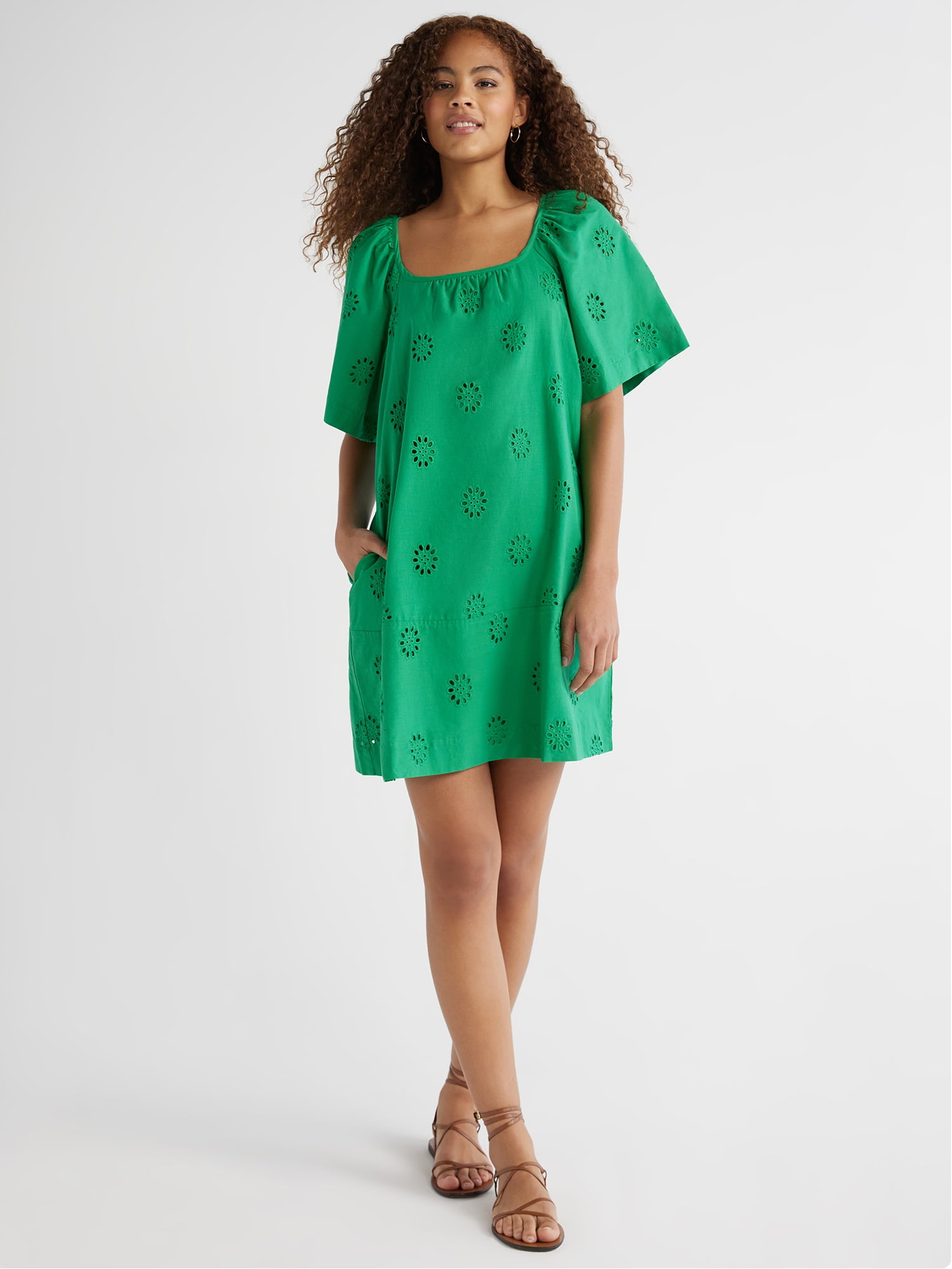 free assembly green dress Women's Square Neck Eyelet Mini with Short Sleeves, Cotton, Sizes XS-XXL 75% Off