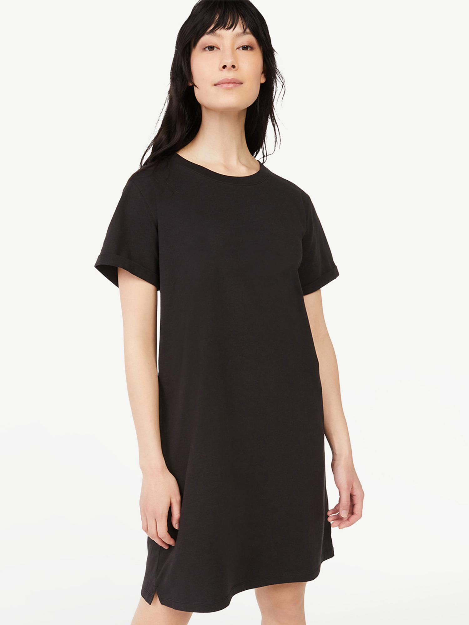 Free Assembly Women's Short Sleeve T-Shirt Dress with Cuffed Sleeves
