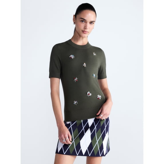 Free Assembly Women's and Women's Plus Embellished Cozy Yarn Sweater with Short Sleeves, Sizes XS-4X
