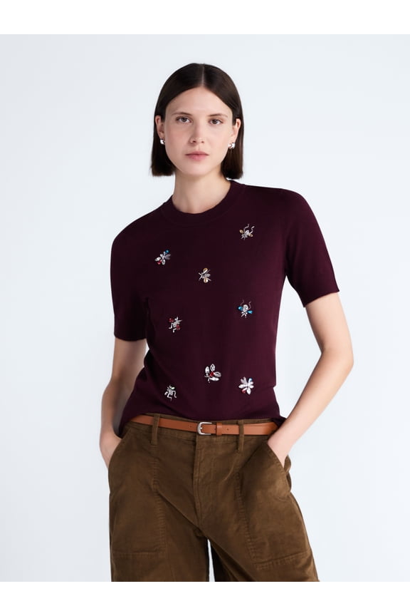 Women's and Women's Plus Embellished Cozy Yarn Sweater with Short Sleeves, Sizes XS-4X