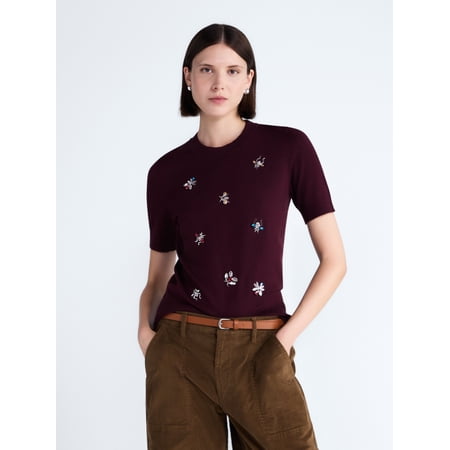 Free Assembly Women's and Women's Plus Embellished Cozy Yarn Sweater with Short Sleeves, Sizes XS-4X