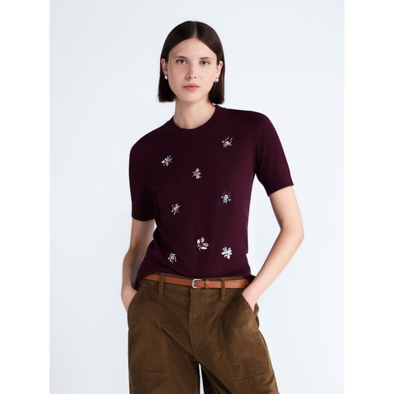 Free Assembly Women's and Women's Plus Embellished Cozy Yarn Sweater with Short Sleeves, Sizes XS-4X