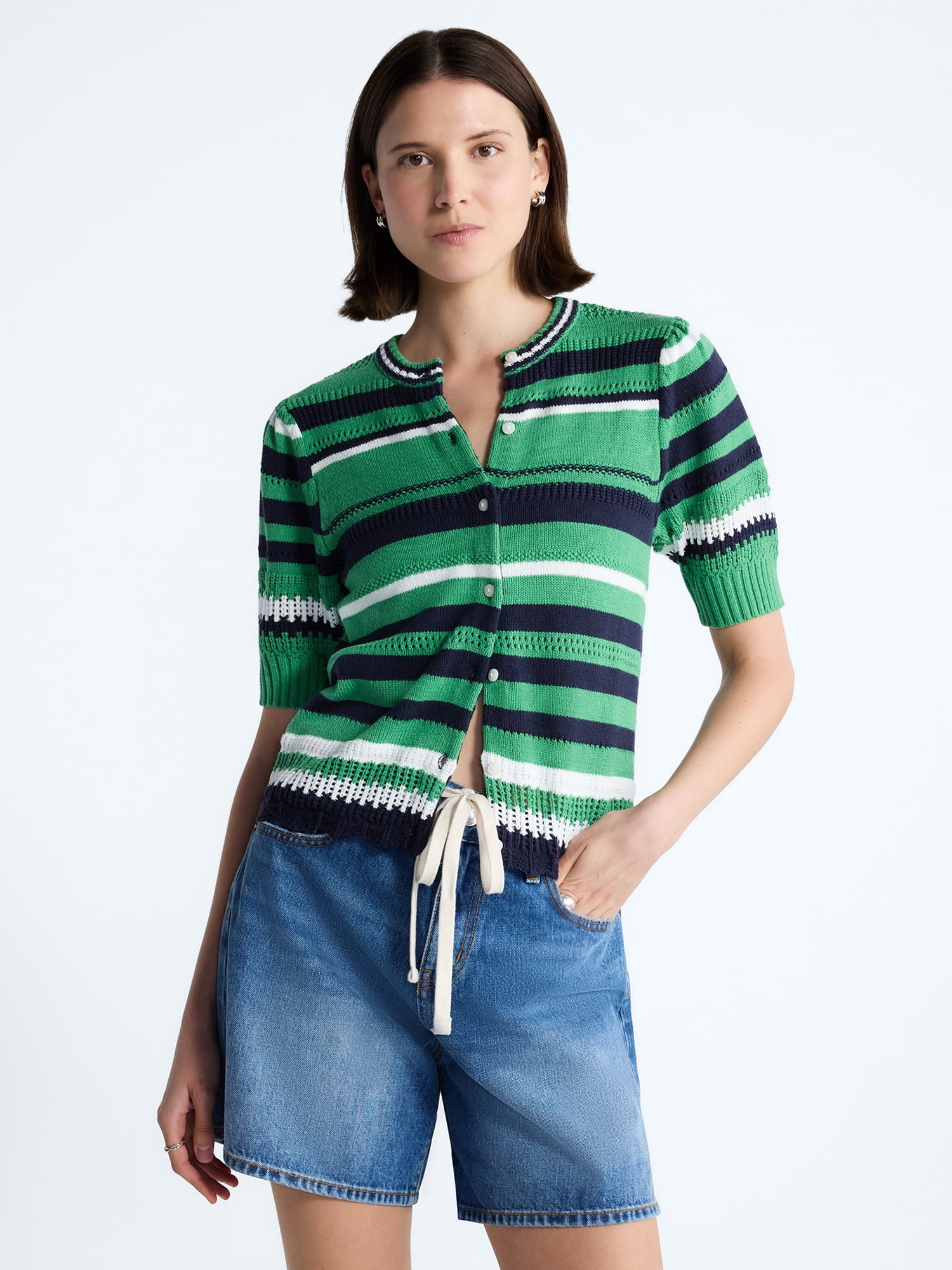 Free Assembly Women's Textured Stripe Cardigan Sweater with Short Puff Sleeves, Lightweight, Sizes XS-XXL
