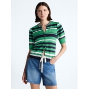 Women's Textured Stripe Cardigan Sweater with Short Puff Sleeves, Lightweight, Sizes XS-XXL