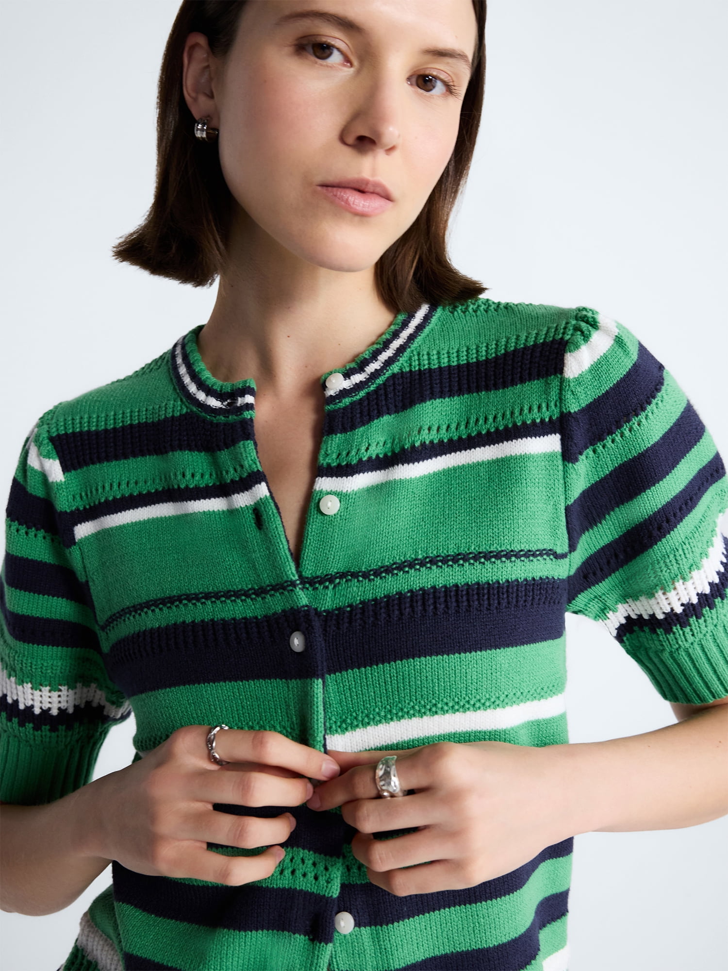 Free Assembly Women's Textured Stripe Cardigan Sweater with Short Puff Sleeves, Lightweight, Sizes XS-XXL