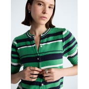 Women's Textured Stripe Cardigan Sweater with Short Puff Sleeves, Lightweight, Sizes XS-XXL