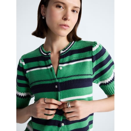 Free Assembly Women's Textured Stripe Cardigan Sweater with Short Puff Sleeves, Lightweight, Sizes XS-XXL