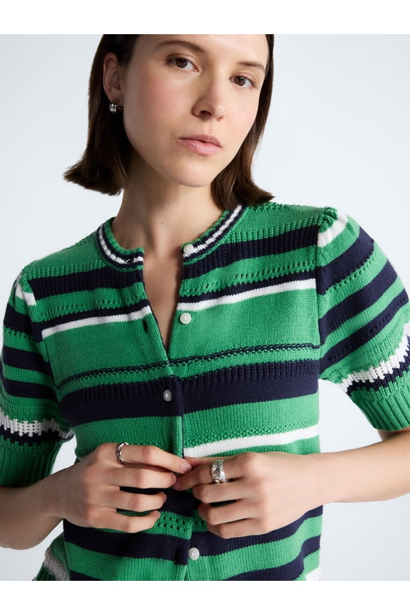 Women's Textured Stripe Cardigan Sweater with Short Puff Sleeves, Lightweight, Sizes XS-XXL