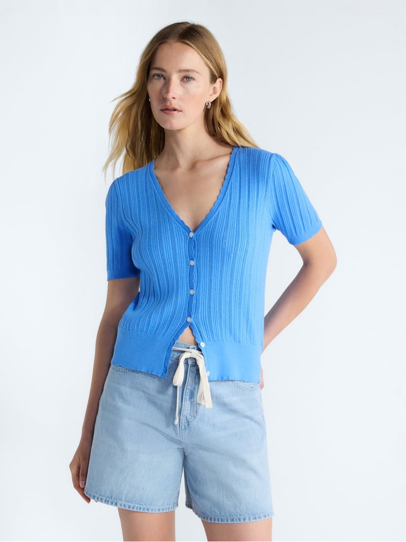 Free Assembly Women's Pointelle Cardigan Sweater with Short