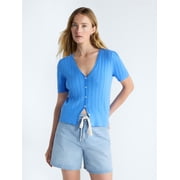 Women's Pointelle Cardigan Sweater with Short Sleeves, Lightweight, Sizes XS-XXL