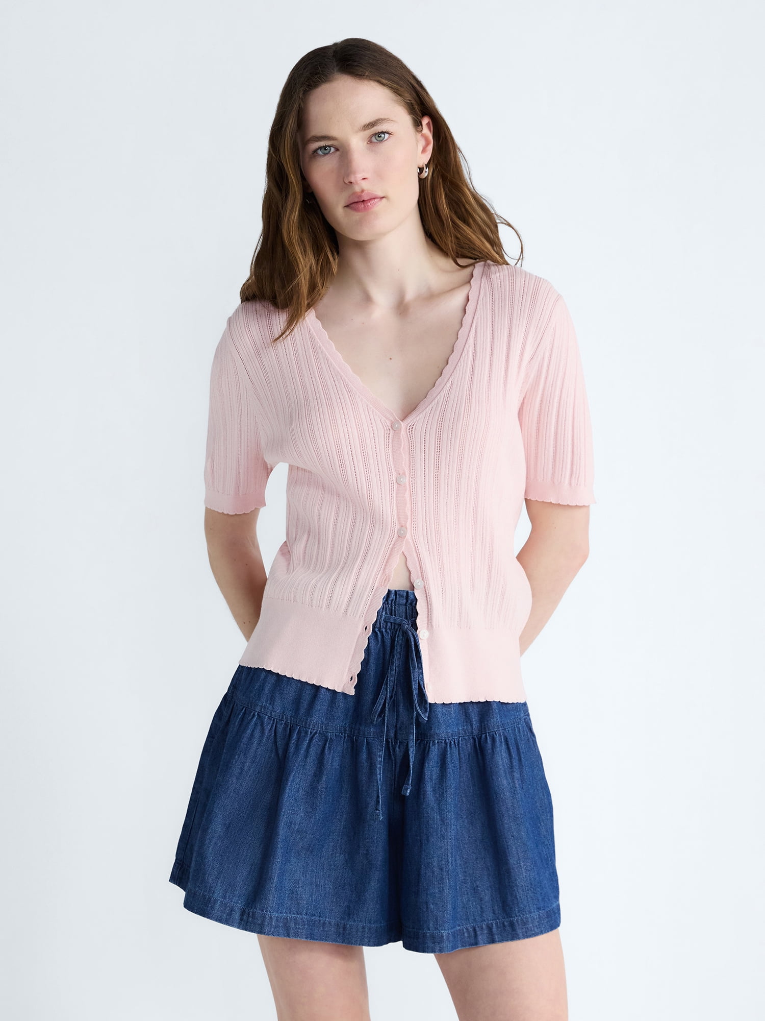Free Assembly Women's Pointelle Cardigan Sweater with Short Sleeves, Lightweight, Sizes XS-XXL