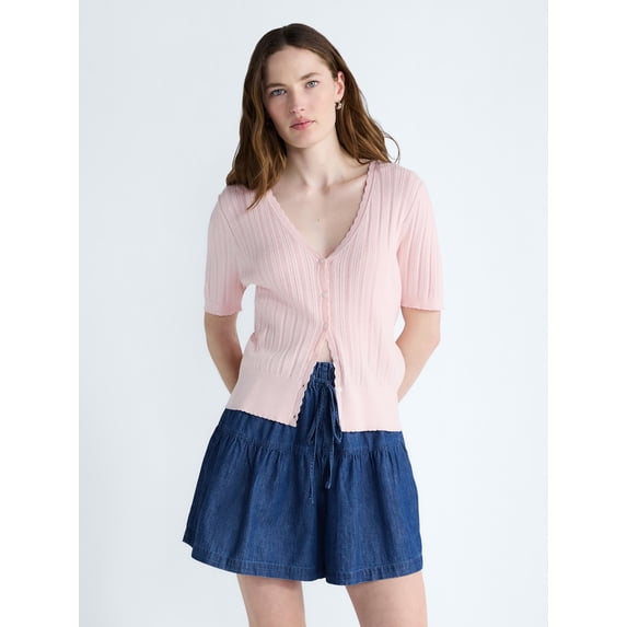 Free Assembly Women's Pointelle Cardigan Sweater with Short Sleeves, Lightweight, Sizes XS-XXL