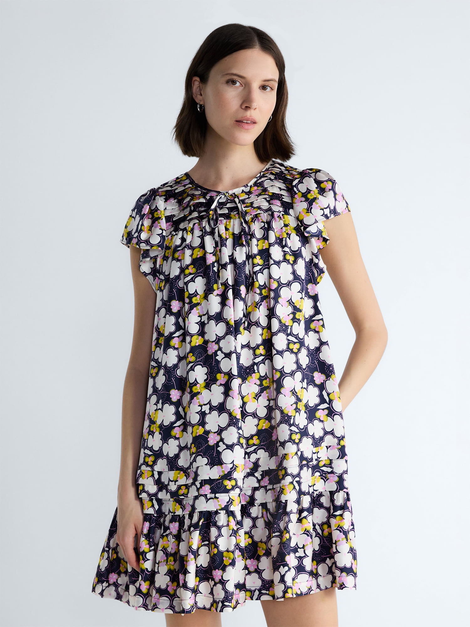 Free Assembly Women's and Women's Plus Pleated Silk Mini Dress with Flutter Sleeves, Sizes XS-4X