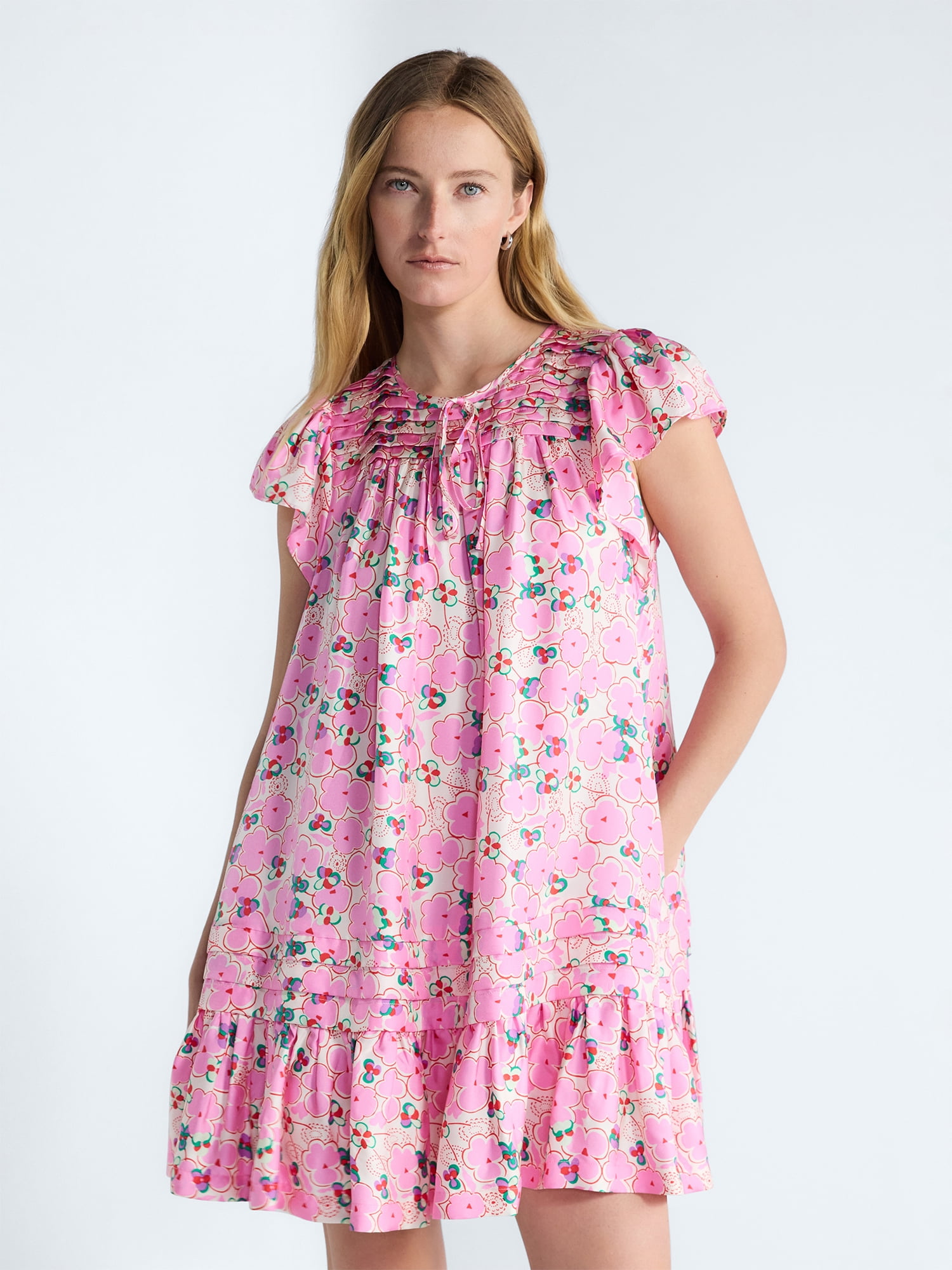 Free Assembly Women's and Women's Plus Pleated Silk Mini Dress with Flutter Sleeves, Sizes XS-4X