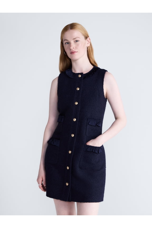 Women's and Women's Plus Sleeveless Button Front Combo Shift Dress, Sizes XS-4X