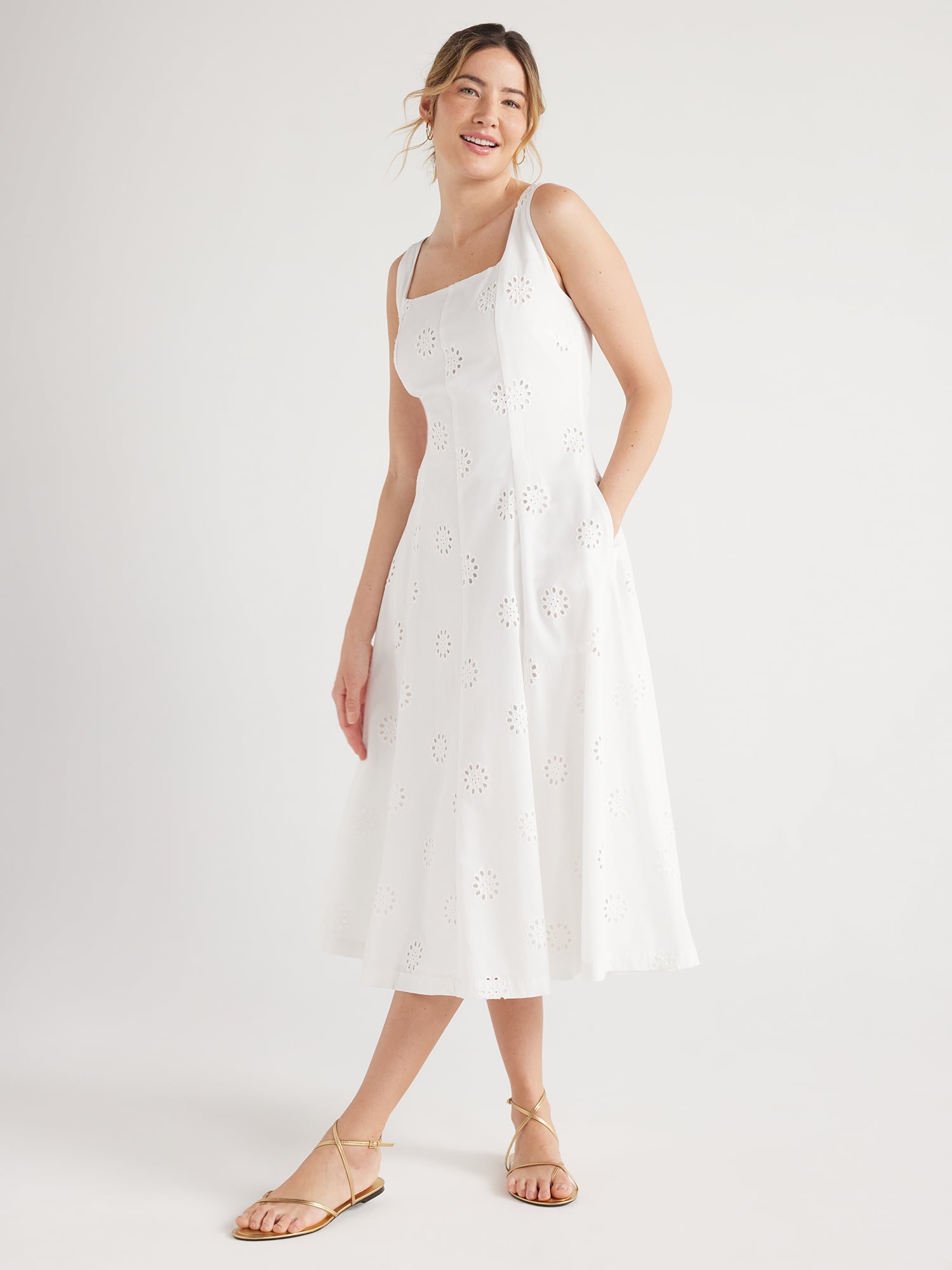 Free Assembly Women's Sleeveless Cotton Eyelet Panel Midi Dress, Sizes XS-XXL