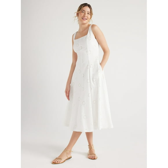 Free Assembly Women's Sleeveless Cotton Eyelet Panel Midi Dress, Sizes XS-XXL