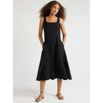 Free Assembly Women's Sleeveless Cotton Eyelet Panel Midi Dress, Sizes XS-XXL