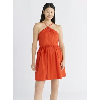 Free Assembly Women's Sleeveless Halter Fit and Flare Cotton Mini Dress, XS-XXL
