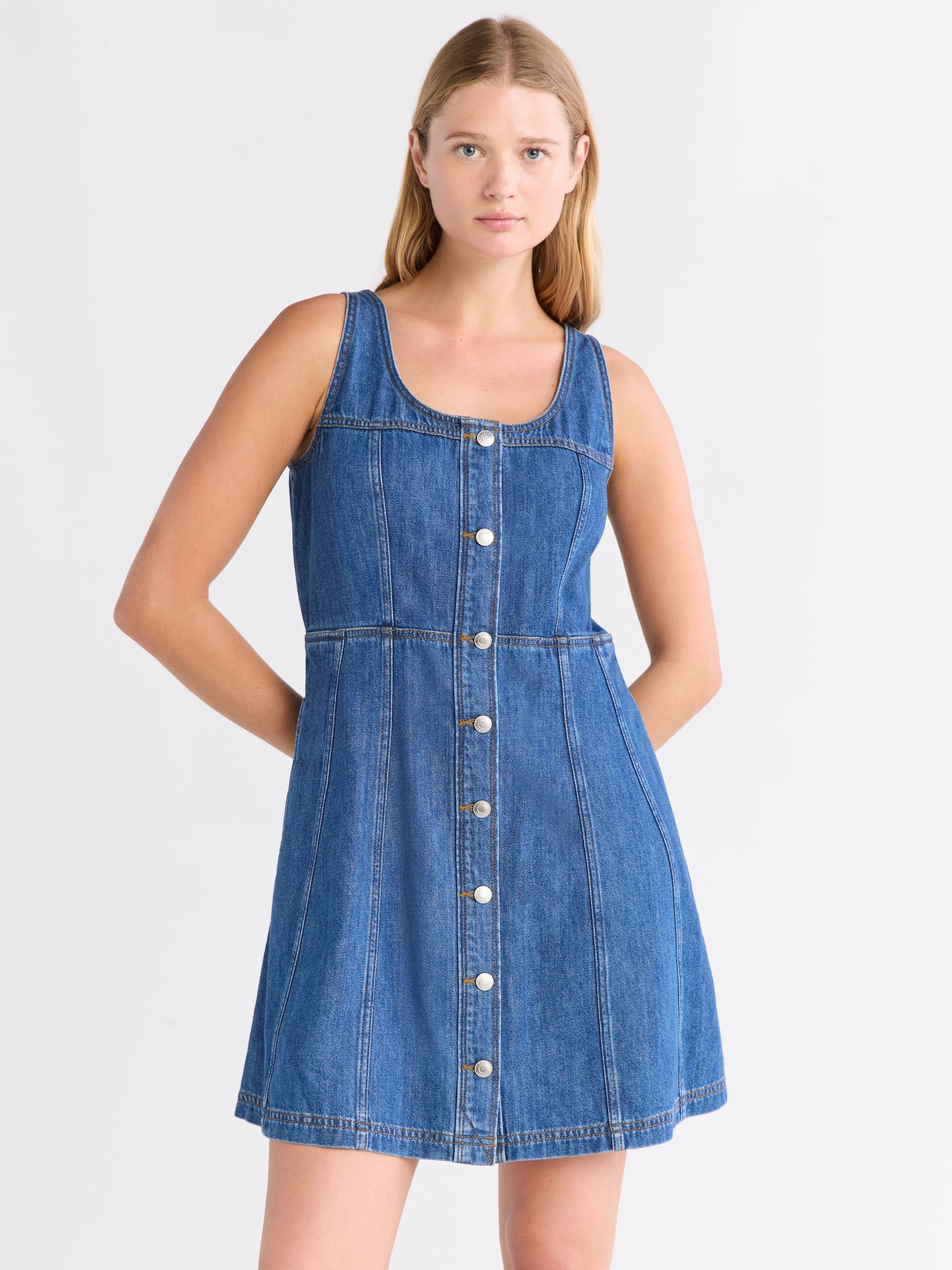 pilcro sleeveless paneled denim fit & flare mini dress self-portrait - Denim Sleeveless Flared Mini Dress main image 0