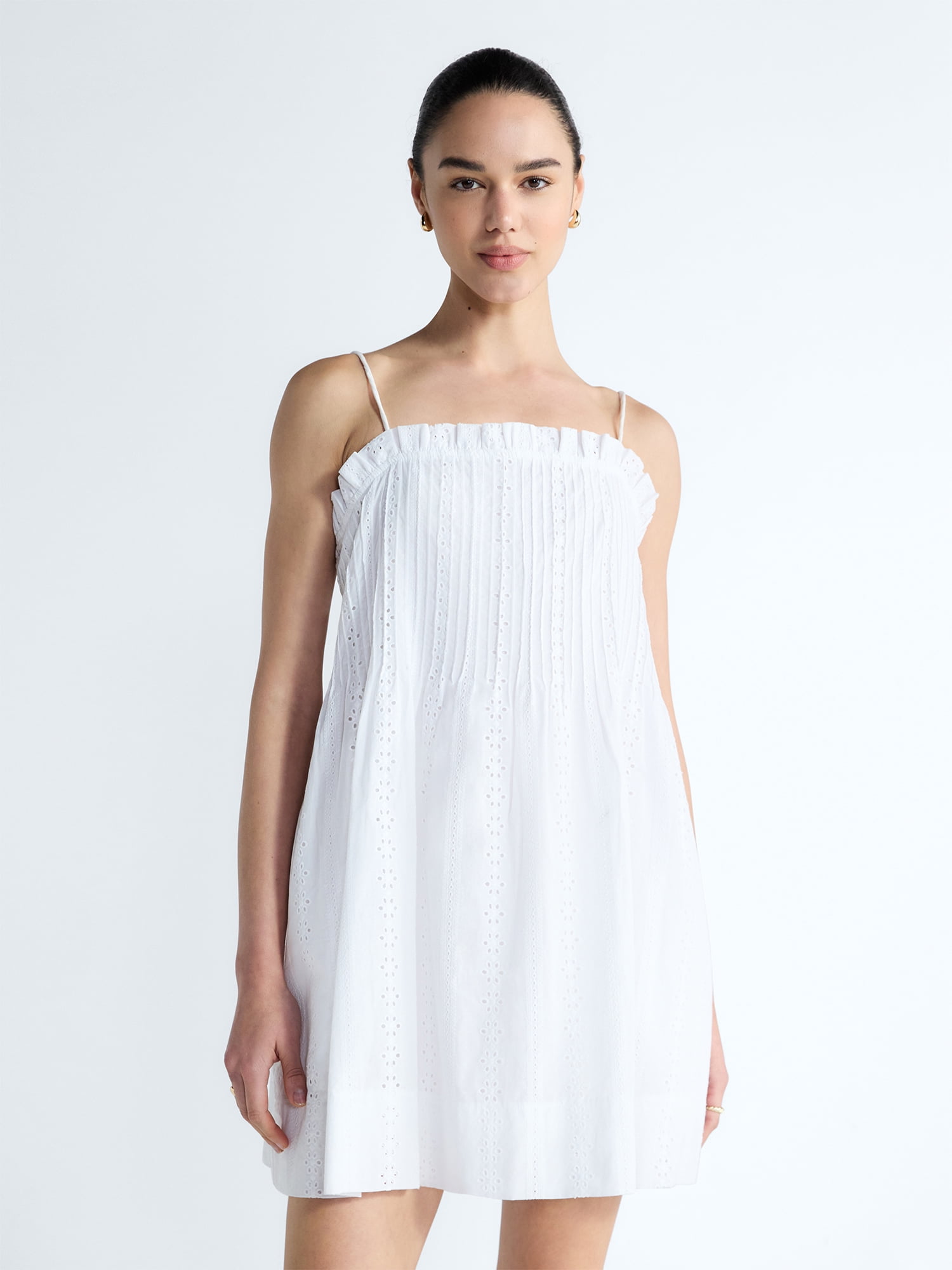 Free Assembly Women’s Pintuck Cotton Eyelet Mini Dress, Sizes XS-XXL
