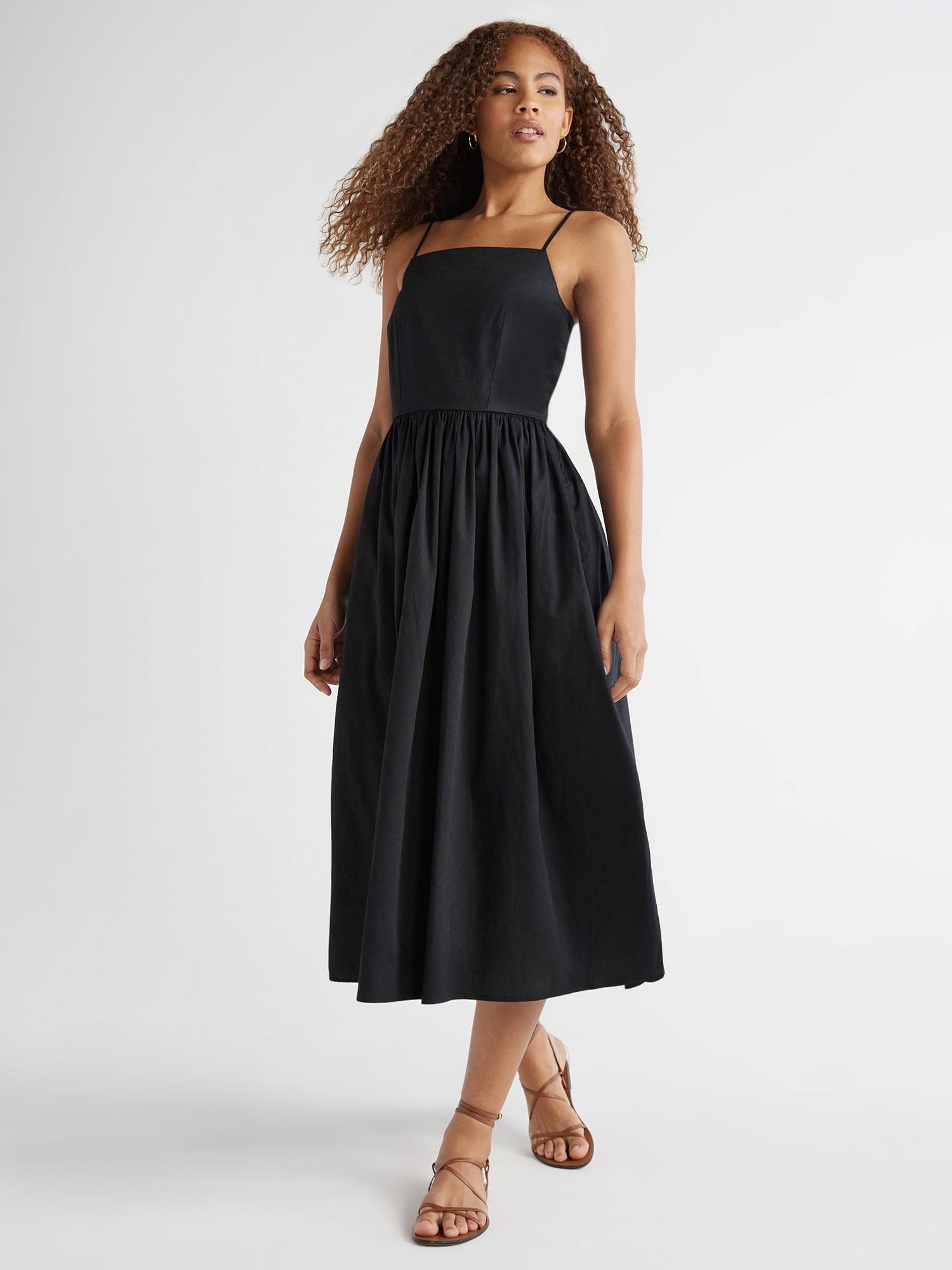 Free Assembly Sleeveless Square Neck Midi Dress with Pockets, Cotton, Sizes  XS-XXL - Walmart.com